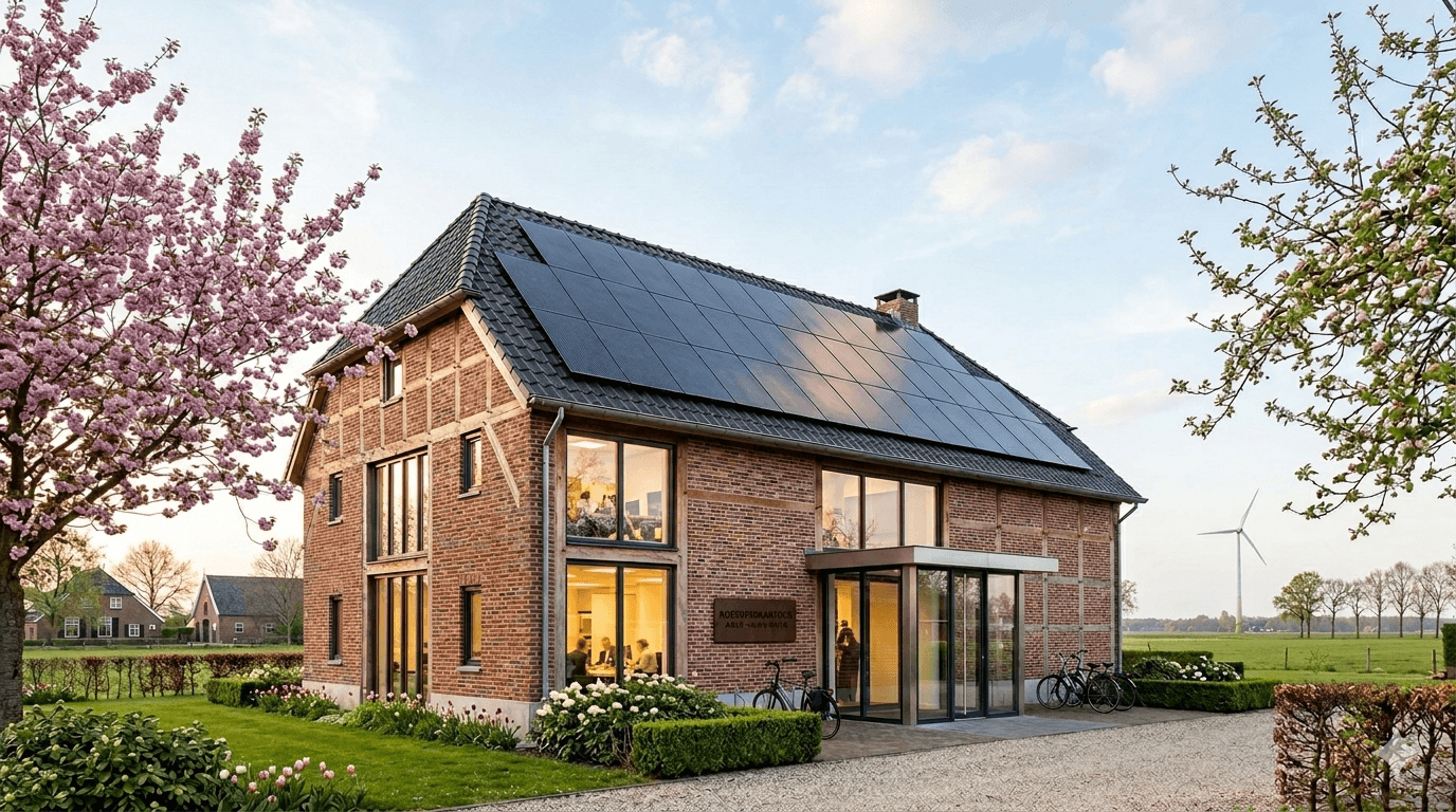 Een gerestaureerd kantoorpand in Twente met zonnepanelen als voorbeeld van zakelijke verduurzaming Twente.